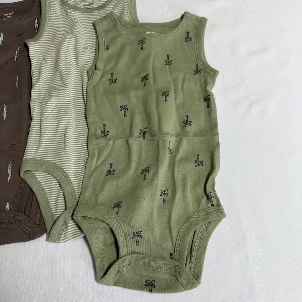 Carter's Baby Boy 5-Pack Dinosaur Sleeveless Bodysuits Size 12 Months Green Tan